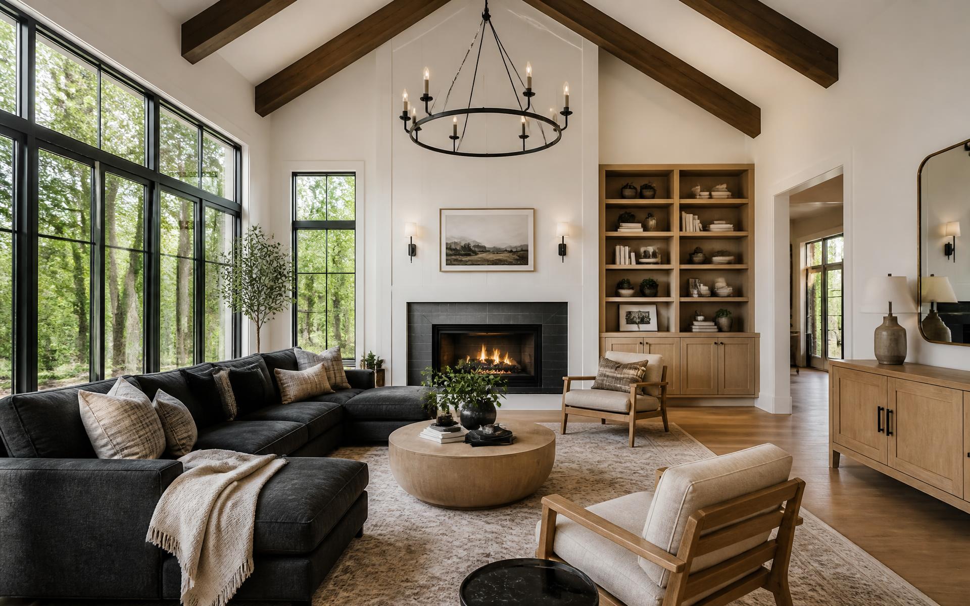 Renovated living room with vaulted ceiling, exposed beams and black-framed windows